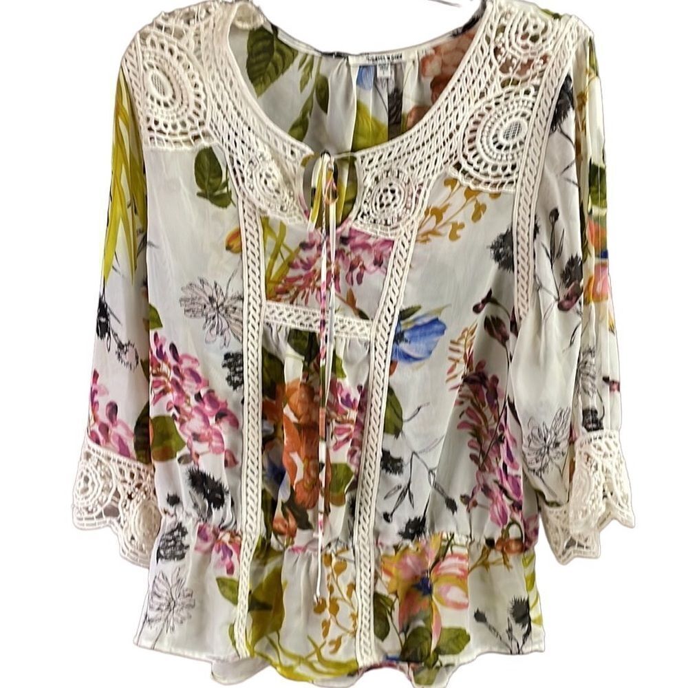 DANIELRAINN Floral Crochet Lace Boho Sheer Peasant Blouse Womens Blouse SZ L